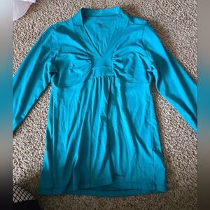 Patagonia Womens Medium Respite Blue 3/4 Sleeve Blouse V Neck Ruching